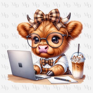 May include: A cartoon Highland cow wearing glasses and a plaid bow tie is working on a laptop computer with a cup of iced coffee next to it.