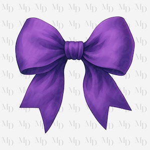 May include: A digitally created, vivid purple bow with detailed shading and texture. The bow has a classic design with two loops and two flowing tails, ideal for gift wrapping or decorative use.