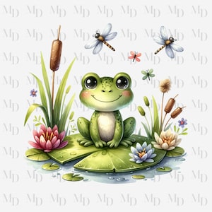 Grenouille mignonne nénuphar PNG, des cliparts, téléchargement immédiat, libellules, quenouilles, nénuphars, 300 dpi, sublimation, conception de grenouille mignonne, grenouille verte