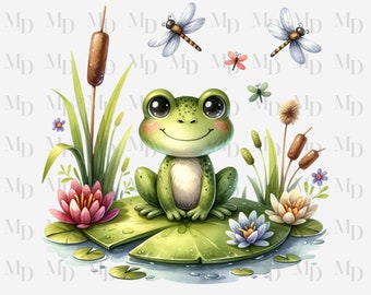Cute Lily Pad Frog PNG, Clipart, Instant Download, Dragonflies, Cattails, Lily Pads, 300Dpi, Sublimation, Cute Frog Design, Green Frog