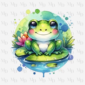 Sapo fofo e robusto PNG, sapo de lagoa em folha de lírio, aquarela, sublimação, download instantâneo, design digital de sapo, sapos, clipart