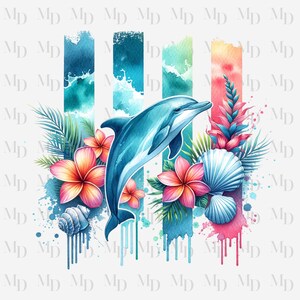 Dauphin tropical coup de pinceau PNG, sublimation, clipart, téléchargement immédiat, téléchargement numérique PNG, conception de dauphin, mer, été, aquarelle