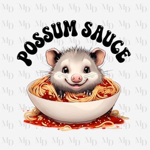 Possum drôle PNG, sauce possum, opossum assis dans un bol de spaghettis, téléchargement immédiat, sublimation, clipart, animal, pâtes
