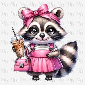 Schattige roze latte wasbeer PNG, instant download, digitaal, roze ontwerp, roze, wasbeer met portemonnee, Iced Latte