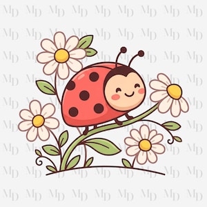 Puede incluir: Ilustración de dibujos animados de una mariquita sonriente con cuerpo rojo y lunares negros, posada en un tallo verde con margaritas blancas y centros amarillos. Fondo claro.