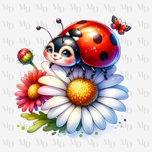 Jolie coccinelle sur des fleurs de marguerite PNG, clipart coccinelle, téléchargement immédiat, numérique, 300 DPI, conception coccinelle, conception par sublimation