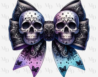 Può includere: Un fiocco decorativo con due teschi stilizzati con intricati motivi floreali. Il fiocco è nero con sfumature viola e blu e decorato con farfalle. I teschi hanno una sfumatura di colori e il fiocco è decorato con dettagli ornati.