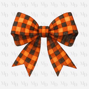 Könnte beinhalten: Eine Schleife im Aquarellstil mit einem klassischen orange-schwarzen Karomuster. Die Schleife ist in der Mitte mit langen, spitz zulaufenden Enden gebunden. Ideal für herbstliche oder Halloween-Themenbastelarbeiten und Dekorationen.