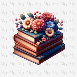 Bloemen stapel oude boeken PNG, boek clipart direct download, sublimatie, boekenontwerp