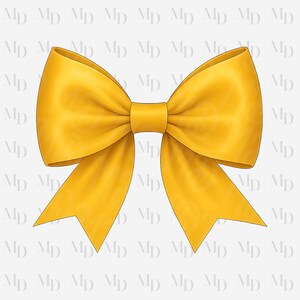 May include: A digitally rendered, golden-yellow bow with a classic design. The bow features a central knot and flowing, pointed tails. The background is a repeating pattern of the letters "MD".