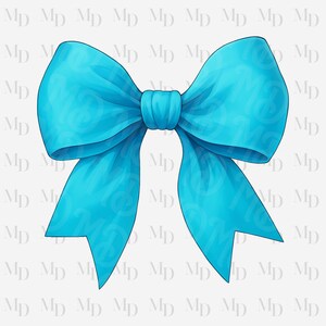 May include: A digitally rendered, bright turquoise bow with a detailed, textured appearance. The bow has a classic shape with two loops and two long tails. The background is a light gray with a repeating pattern of the letters "MD".