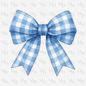 May include: A blue and white gingham bow with a watercolor effect.