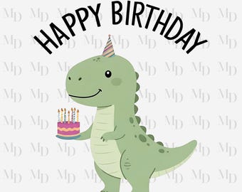 May include: A cartoon illustration of a green dinosaur wearing a party hat and holding a birthday cake with lit candles. The words "HAPPY BIRTHDAY" are arched above the dinosaur in black text. The background is white with a repeating pattern.