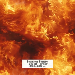Peut inclure: Un motif sans couture représentant un design de feu vibrant avec des flammes tourbillonnantes dans des tons de jaune vif, orange et rouge profond. Une étiquette rectangulaire blanche affiche le texte : Seamless Pattern 300 DPI 30,48 cm x 30,48 cm 3600 x 3600 px.
