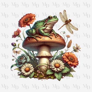 Champignon grenouille PNG, Clipart grenouille, libellules, fleurs, Nature PNG, téléchargement immédiat
