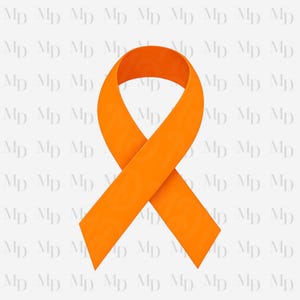 May include: An orange awareness ribbon, a symbol of support and solidarity. The ribbon is a bright, solid orange color, with a classic looped design. The background features a repeating pattern of the letters "MD".