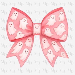 May include: A pink bow decorated with smiling white ghost illustrations. The bow is a light pink color and has a watercolor effect. The ghosts have simple, friendly faces, creating a whimsical Halloween theme.