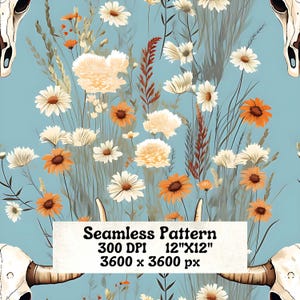 Motivo senza cuciture con teschio di mucca e fiori selvatici in formato PNG, download immediato, carta digitale, stile country, rustico, vintage, teschio di mucca su sfondo blu
