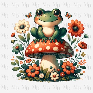Mignon rétro champignon grenouille PNG, téléchargement immédiat des cliparts grenouille, sublimation, conception de grenouille, champignons