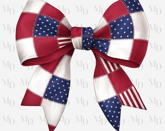 Patriotic Patchwork Big Bow PNG, Digital Download, Sublimation, Clipart, Coquette Design, Red White and Blue, Fourth Of July Design