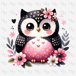 Simpatico gufo nero e rosa PNG, clipart gufo, download istantaneo, digitale, 300 DPI, design per bambini, design a sublimazione, fiore, gufi, design della scuola materna