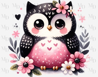 Cute Black and Pink Owl PNG, Owl clipart, Instant Download, Digital, 300 DPI, Baby Design, Sublimation design, Flower, Owls, Nursery Design