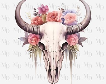 Floral Cow Skull PNG, Skull Clipart Instant Download, Sublimation, Country Design, Digital Download