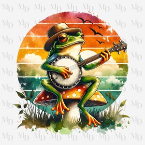 Rana fungo che suona il banjo tramonto in difficoltà PNG, Clipart, Rana retrò, stile vintage, sublimazione, download immediato, uso commerciale