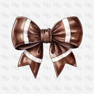 May include: A large brown bow with white stripes. The bow is tied in a knot and the ends are curled.