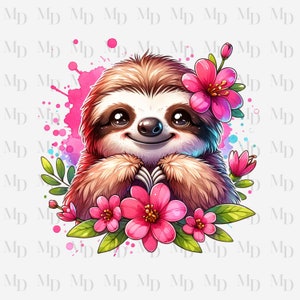 Süßes Faultier PNG, Rosa Blumen Faultier, Clipart, Digital Download, PNG