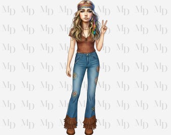 Peace Zeichen Hippie Girl PNG, Digital Download, Sublimation, Hippie Design