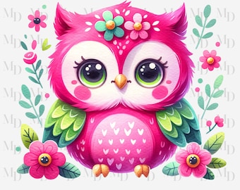 Cute Pink and Green Owl PNG, Owl clipart, Instant Download, Digital, 300 DPI, Baby Design, Sublimation design, Flower, Owls, Nursery Design
