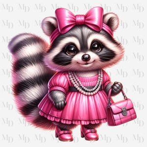 Schattige roze wasbeer PNG, Instant Download, Digitaal, roze ontwerp, roze, wasbeer met portemonnee
