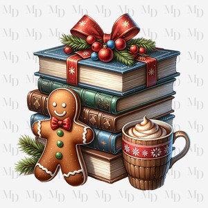 Op de afbeelding: Een stapel vintage boeken, omwikkeld met een rood lint met een takje hulst en bessen. Een peperkoekman staat naast de boeken en een mok warme chocolademelk met slagroom staat ervoor.