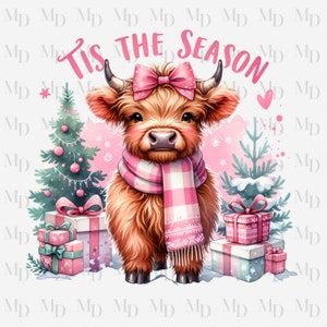 ハイランドカウのピンクのクリスマスPNG、即時ダウンロード、クリスマスクリップアート