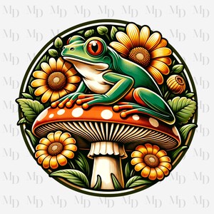 Tournesol rétro champignon grenouille cercle PNG, grenouille Clipart Instant Download