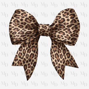 May include: A large, decorative bow with a leopard print pattern. The bow features a tan background with dark brown spots, and is tied in the center with long, flowing tails.