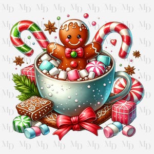 May include: A gingerbread man is submerged in a mug of hot chocolate with marshmallows and candy canes. The mug is decorated with snowflakes and has a red bow.