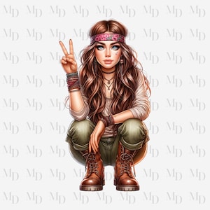 Peace Sign Hippie Girl PNG, Clipart, Instant Download, Hippie design, Digital Download, Sublimation