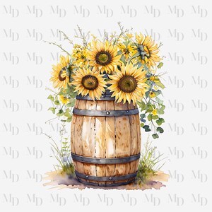 Wooden Barrel Of Sunflowers PNG, Instant Download, Digital Design, Sublimation, Clipart, Sunflowers, Country