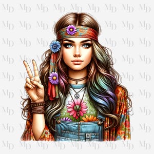Peace Sign Hippie Girl PNG, Clipart, Instant Download, Hippie design, Digital Download, Sublimation
