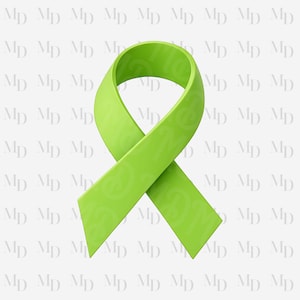 May include: A bright green awareness ribbon, a symbol of support and solidarity. The ribbon is a continuous loop, with a slight 3D effect, set against a white background with a subtle repeating pattern of "MD" letters.