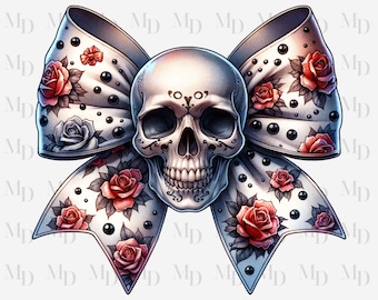 Può includere: Un fiocco bianco con pois neri e rose rosse, con un teschio bianco al centro. Il teschio presenta dettagli intricati e un design delicato.