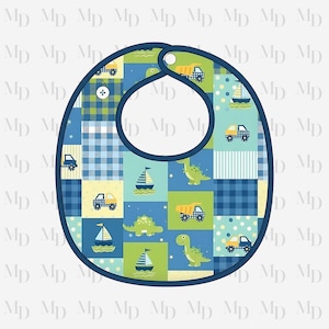 May include: A baby bib with a navy blue trim and a patchwork design. The bib features squares with illustrations of trucks, sailboats, and dinosaurs in shades of blue, green, and yellow. A button is visible near the top.
