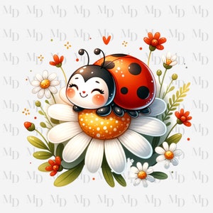 Carina coccinella su Daisy PNG, clipart coccinella, download istantaneo, digitale, 300 DPI, design coccinella, design sublimazione, fiore