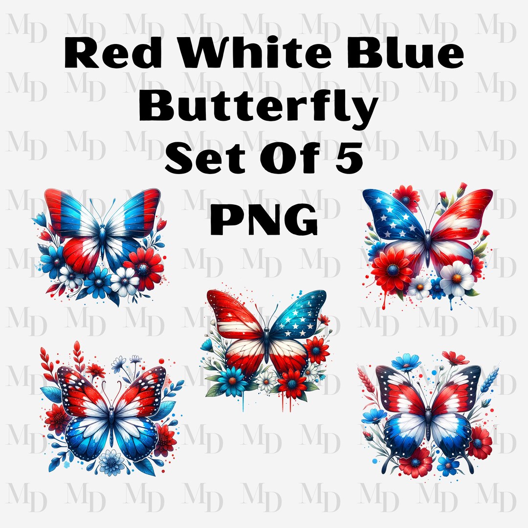 Red White Blue Butterfly Set of 5 PNG, Ladybug Clipart, Instant ...
