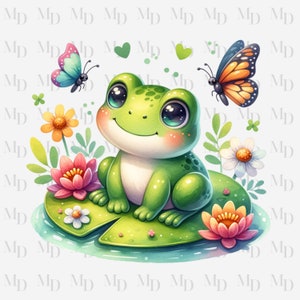 Sapo fofo com nenúfar PNG, Clipart, Download instantâneo, Borboletas, Lírios, 300Dpi, Sublimação, Design de sapo fofo, Sapo verde