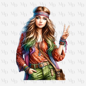 Ragazza hippie con simbolo della pace PNG, Clipart, Download istantaneo, Design hippie, Download digitale, Sublimazione