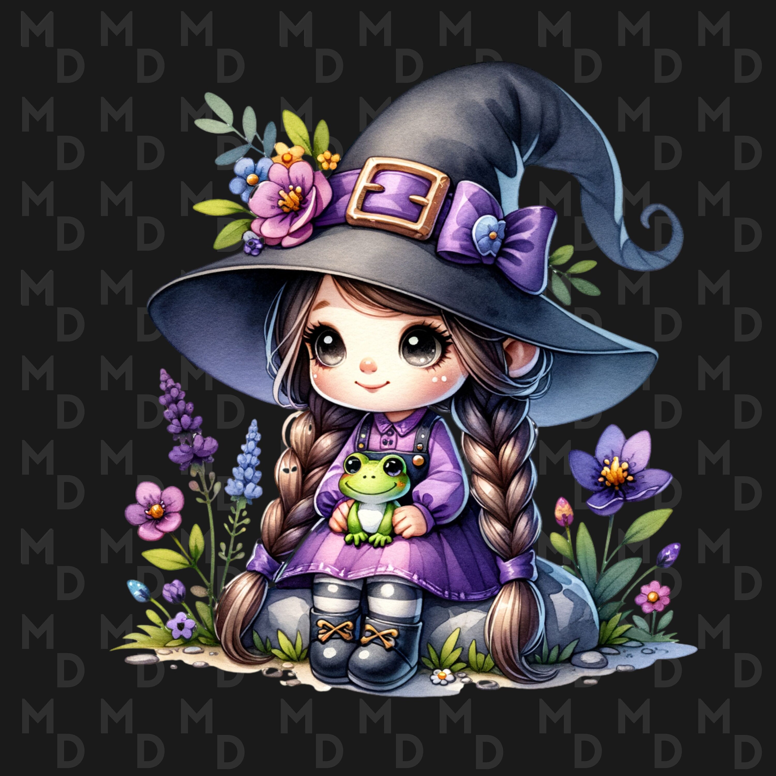 Little Witch and A Green Frog PNG, Clipart, Instant Download