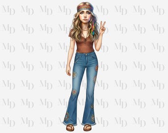 Peace Zeichen Hippie Girl PNG, Digital Download, Sublimation, Hippie Design